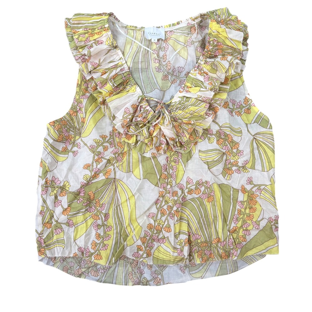 Sundays Women Floral Ruffle V-Neck Sleeveless Cotton Blouse Multicolor Size M